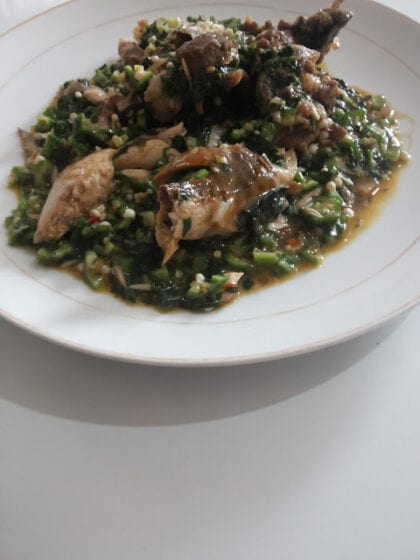 1450 Naira okro soup with vegetables and fish