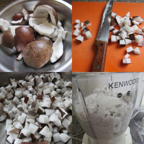 Chopped coconuts, blender and kitchen knife