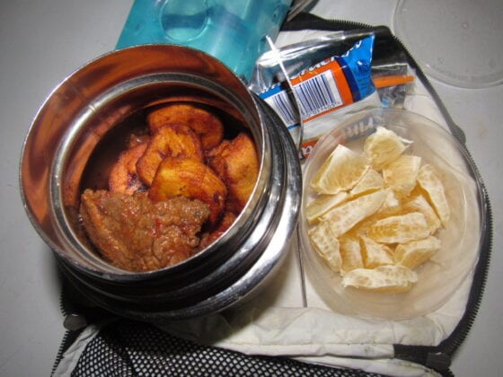 dodo with stew served with a side of oranges