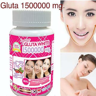 A bottle of gluta skin whitening and a user