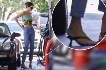kendall jenner pumps gas in heels