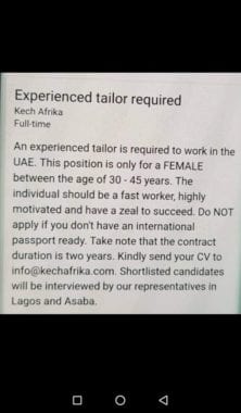 experienced tailor needed in Dubai