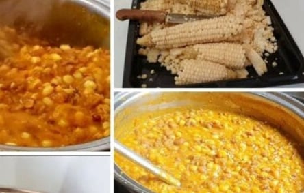 Collage of corn and beans porridge being cooked 
